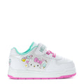Toddler white court sneakers with Hello Kitty graphic, turquoise collar, pink accents