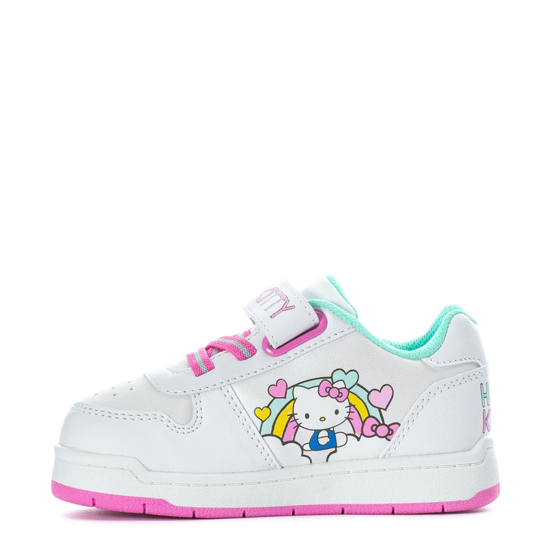 Toddler white court sneakers with Hello Kitty and hearts graphic, pink lace stripe