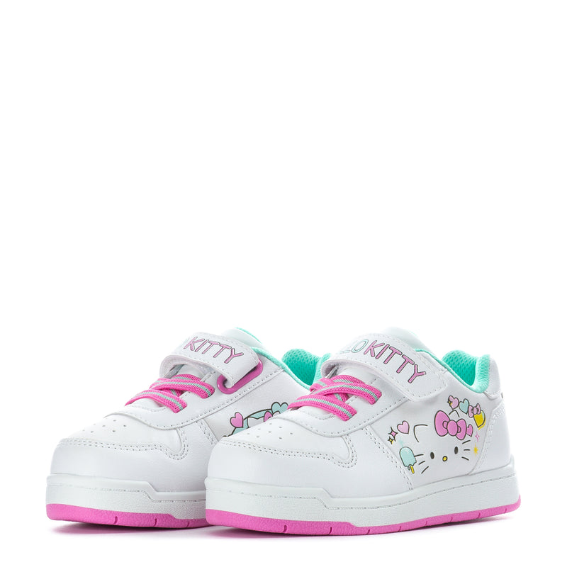 Toddler white court sneakers, Hello Kitty logo on sides, turquoise tongue, pink sole