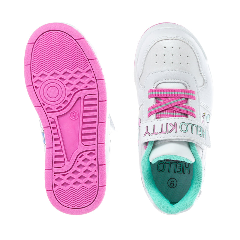 Toddler court sneakers outsole and heel, pink tread and white upper with pink laces