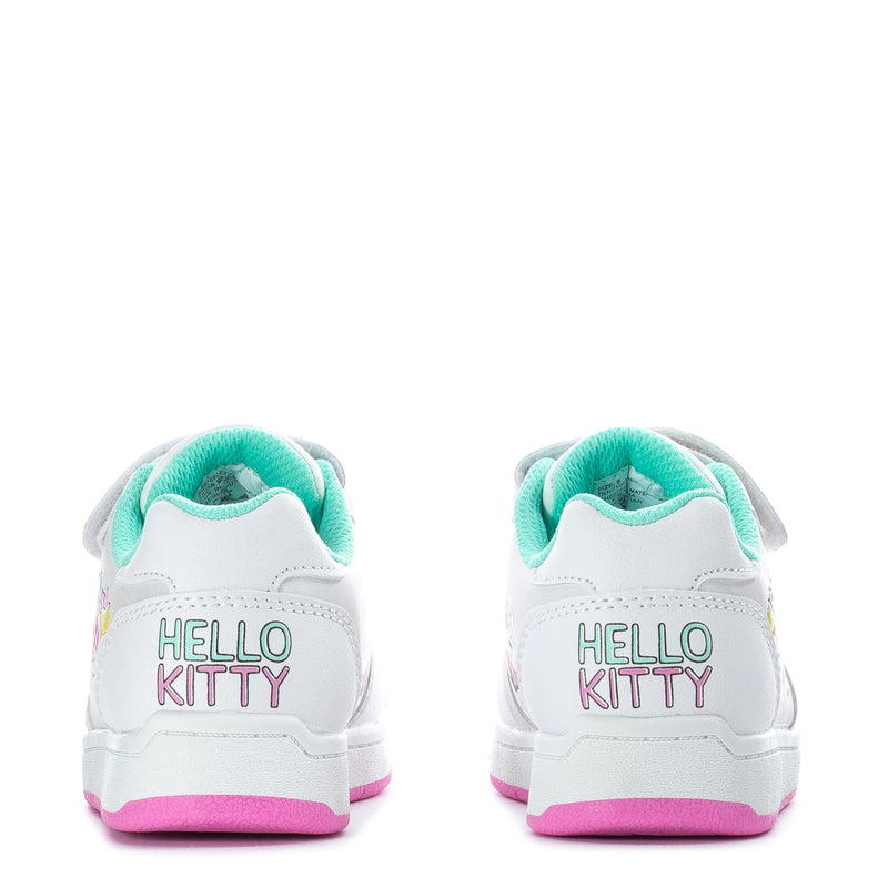 Toddler white court sneakers with HELLO KITTY on heel, turquoise lining, pink sole