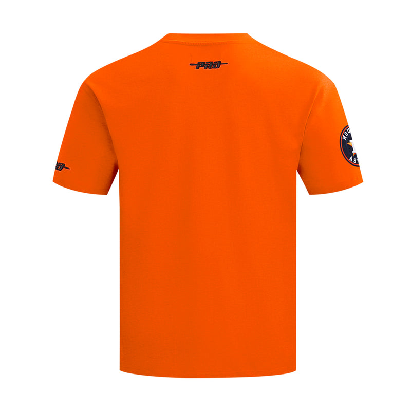 Men's orange crewneck tee with small brand text at back collar
