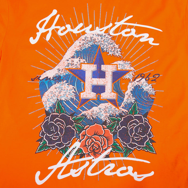 Men's orange tee close-up: wave, roses, and large center H emblem graphic