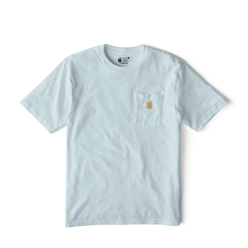 Men's loose-fit pocket T-shirt, light blue crew neck, chest pocket with logo patch.