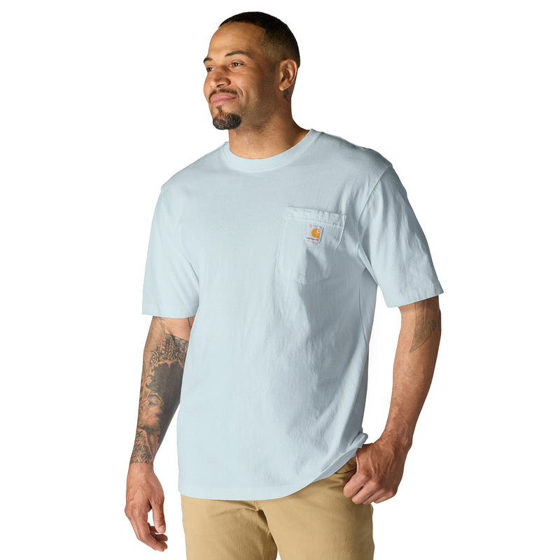 Men's light blue loose-fit pocket T-shirt on model, crew neck, chest logo pocket.