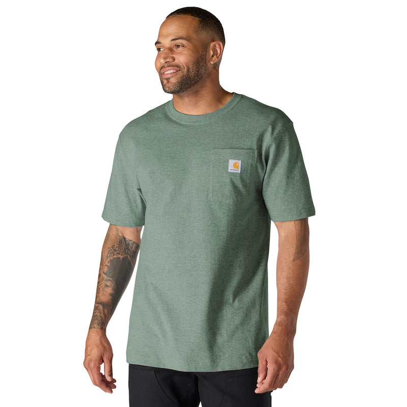 Men's loose fit pocket tee in green slate heather with crew neck and chest pocket