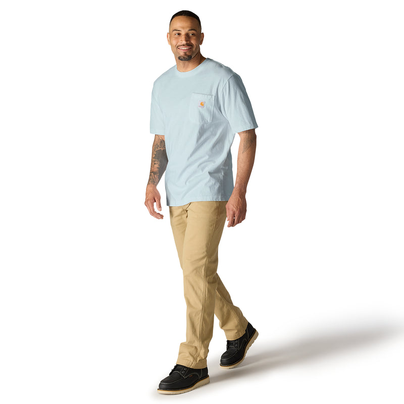 Men's light blue loose-fit pocket T-shirt, crew neck, chest logo pocket, standing view.