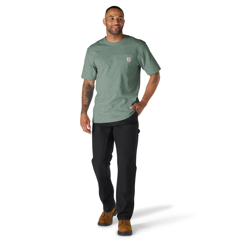Men's green slate heather loose fit pocket tee, crew neck, worn with dark pants