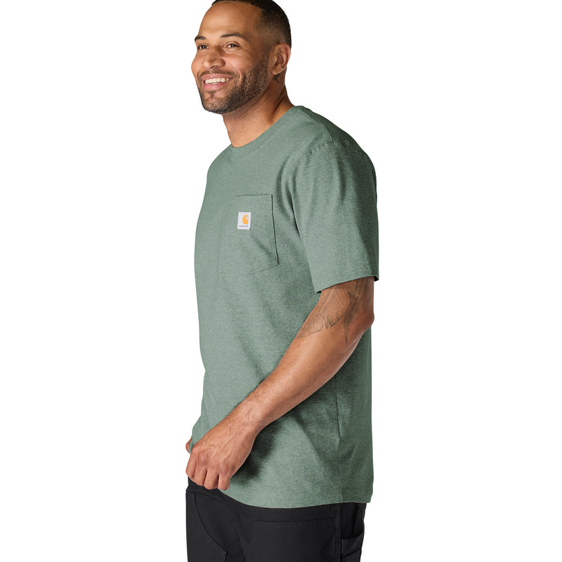 Men's green slate heather pocket tee showing side profile, crew neck and chest pocket