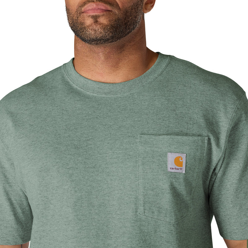 Green slate heather pocket tee close-up with Carhartt chest logo patch
