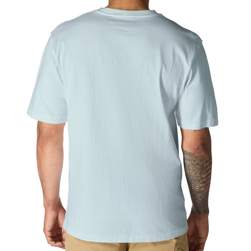 Light blue loose-fit pocket T-shirt, back view, crew neck.