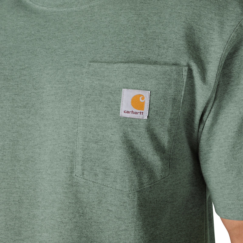 Close-up of green slate heather tee chest pocket and Carhartt label