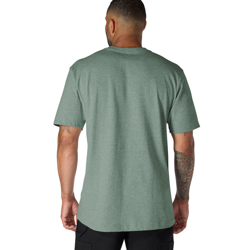 Men's loose fit pocket tee in green slate heather, back view with crew neck