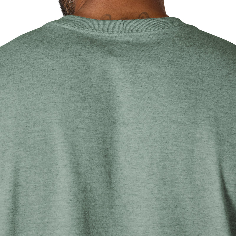 Back close-up of green slate heather crew neck tee with smooth fabric