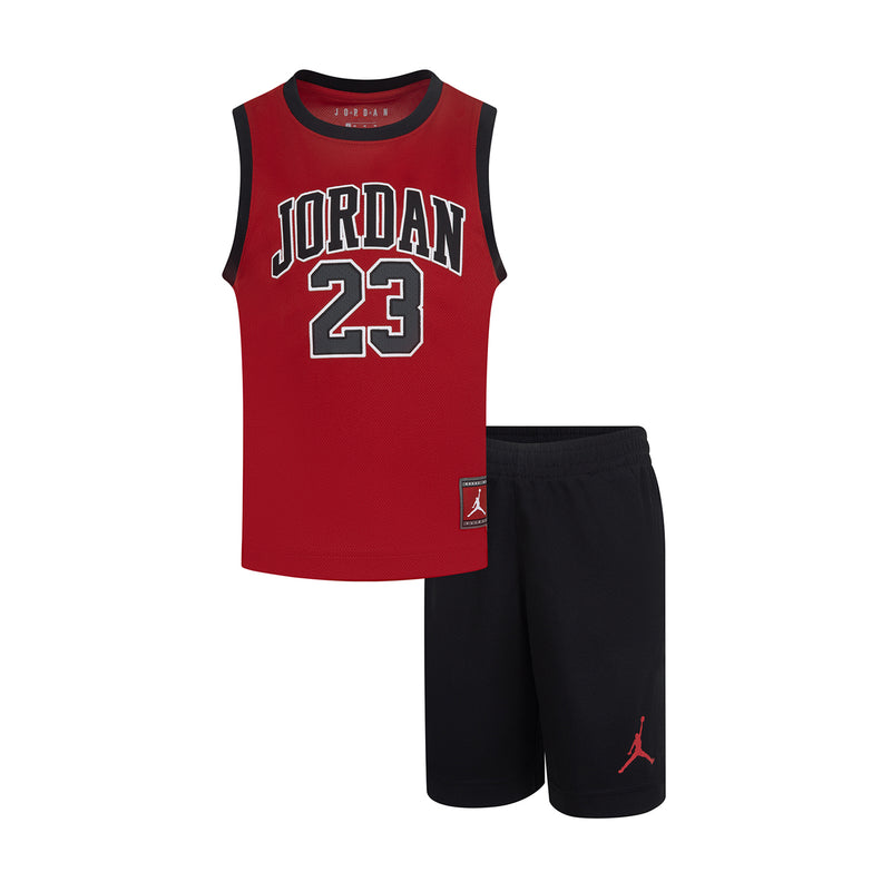 Kids' Jordan jersey set with red sleeveless “Jordan 23” top and black shorts