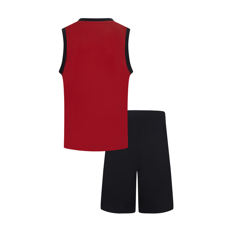 Kids' jersey set: red sleeveless top with black shorts, back view