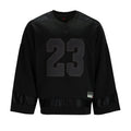 Men's black basketball jersey with stitched 23 graphic on the front