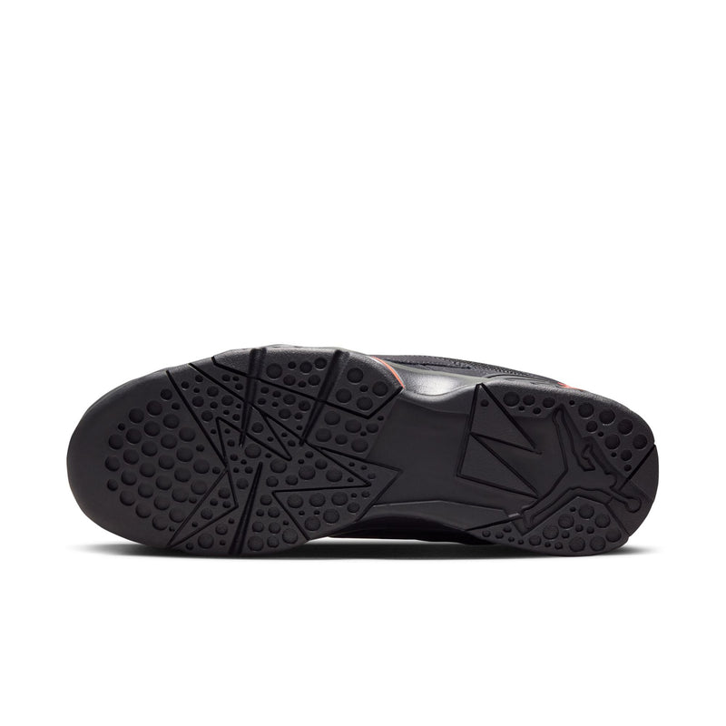 Outsole view of black sneakers with patterned tread and dark rubber traction pads