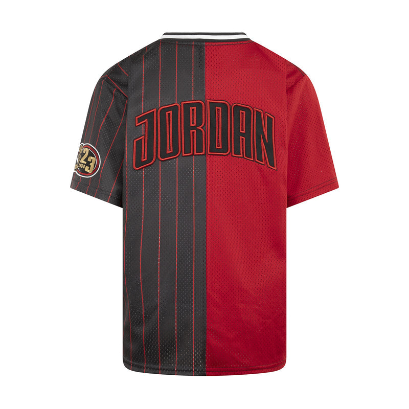 Youth basketball jersey back with JORDAN lettering and black pinstripes on red