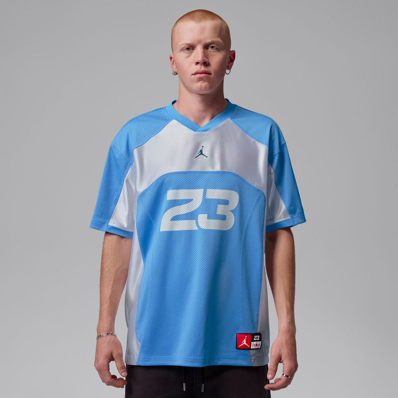 Men's Jordan 23 mesh jersey with white front and University Blue sleeves