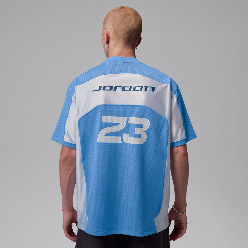 Men's Jordan 23 jersey back view in University Blue and white