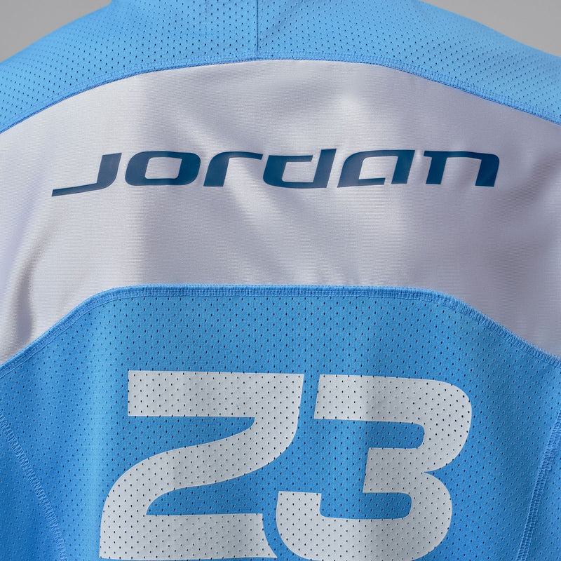 Men's Jordan 23 jersey back logo and large 23 graphic close-up