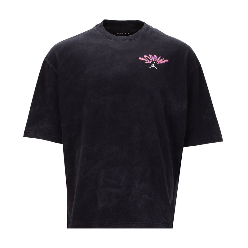 Men's washed black crewneck T-shirt with pink Jordan logo on chest