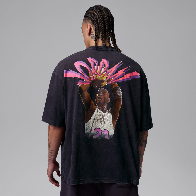 Washed black crewneck T-shirt with large back graphic featuring a player