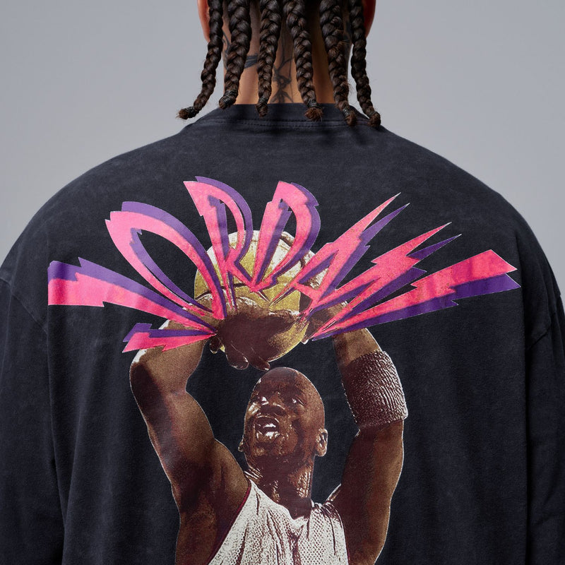 Washed black T-shirt back print with pink burst and player graphic