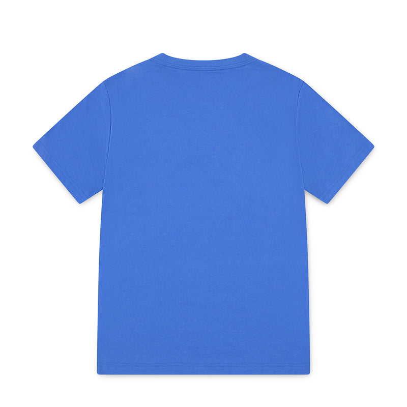 Youth sport blue tee, plain back view with crew neckline
