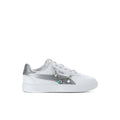 Kids low-top sneakers, white with silver accents and lace-up closure