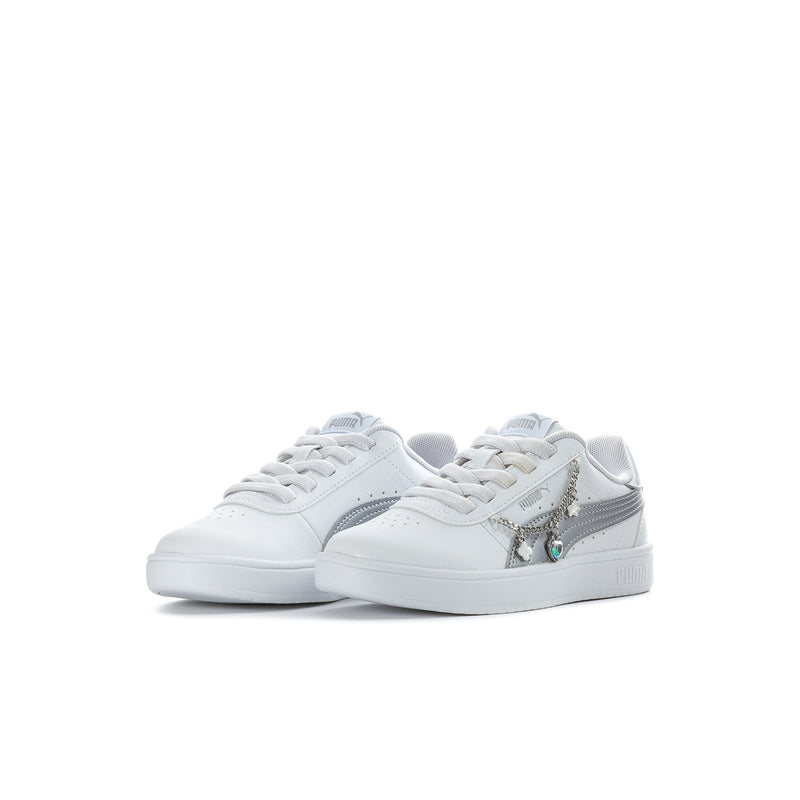 Kids sneakers in white and silver, two side logos and lace-up front