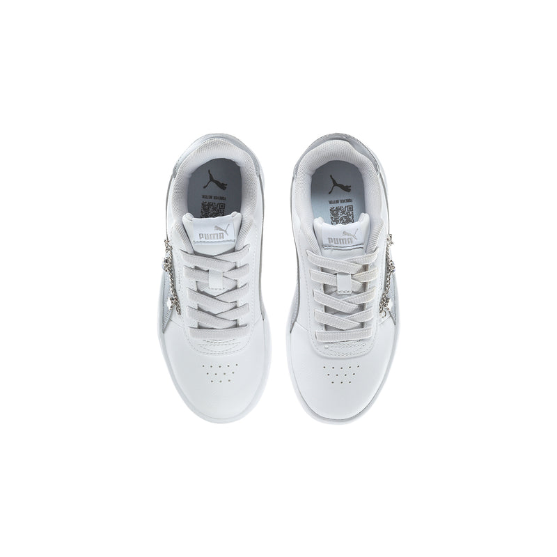Pair of kids white sneakers with white laces and Puma logo on tongue