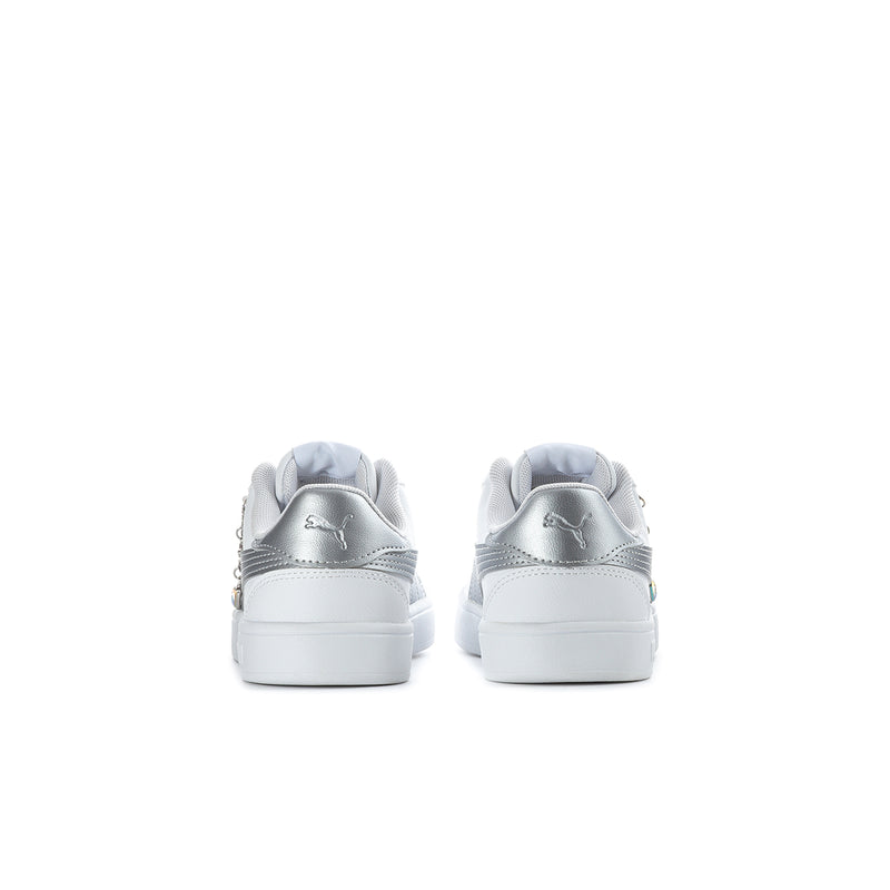 Kids sneakers, rear view: white uppers with silver heel panel and lace-up