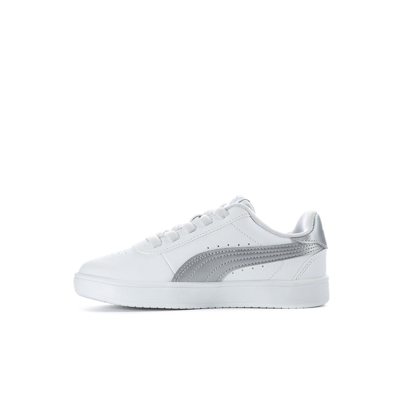 Kids white sneaker with silver side stripe, smooth leather-look and lace-up