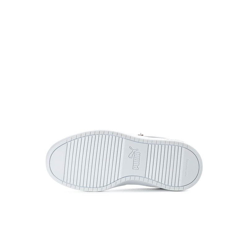 Kids white sneaker outsole with grid tread and Puma logo at heel