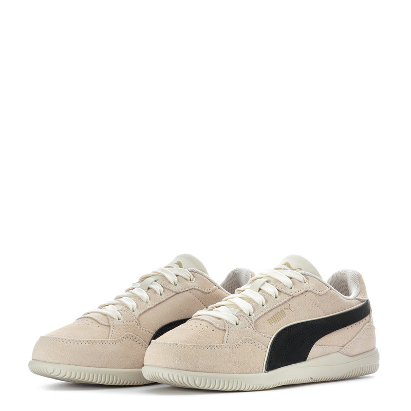 K-Moda SD womens shoes, front pair view, beige suede with black PUMA stripe