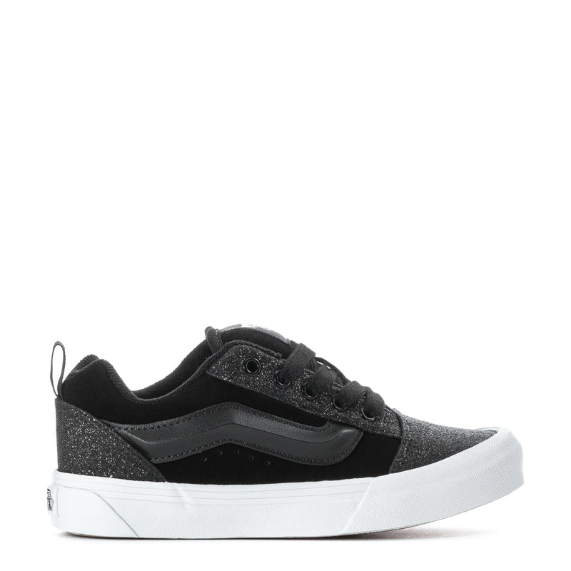 Kids black glitter sneakers with black laces and white vulcanized sole