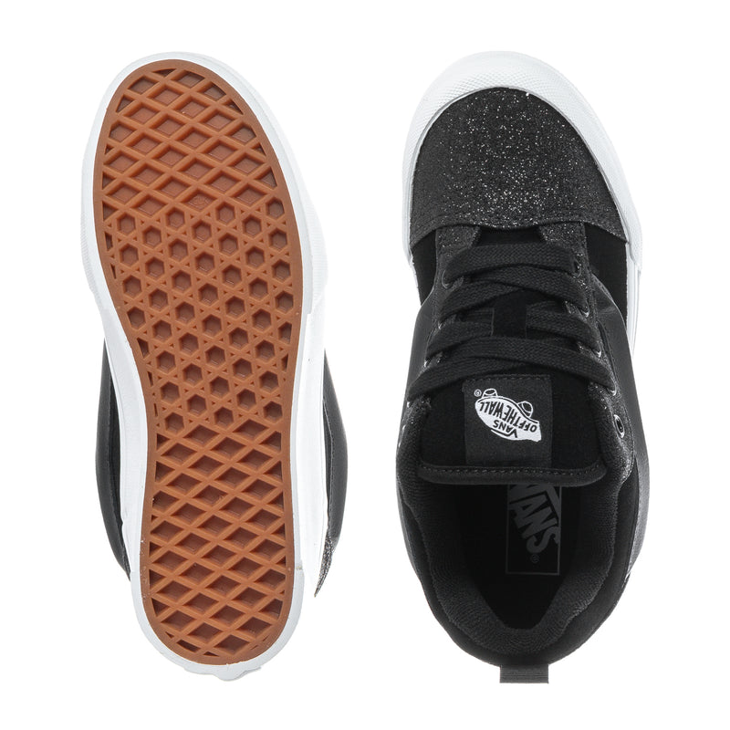 Kids sneakers outsole and side view; black upper with white midsole