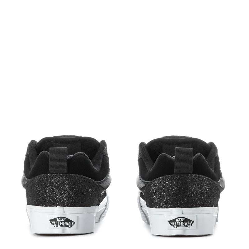Kids black glitter sneakers heel with Vans Off the Wall label and white sole