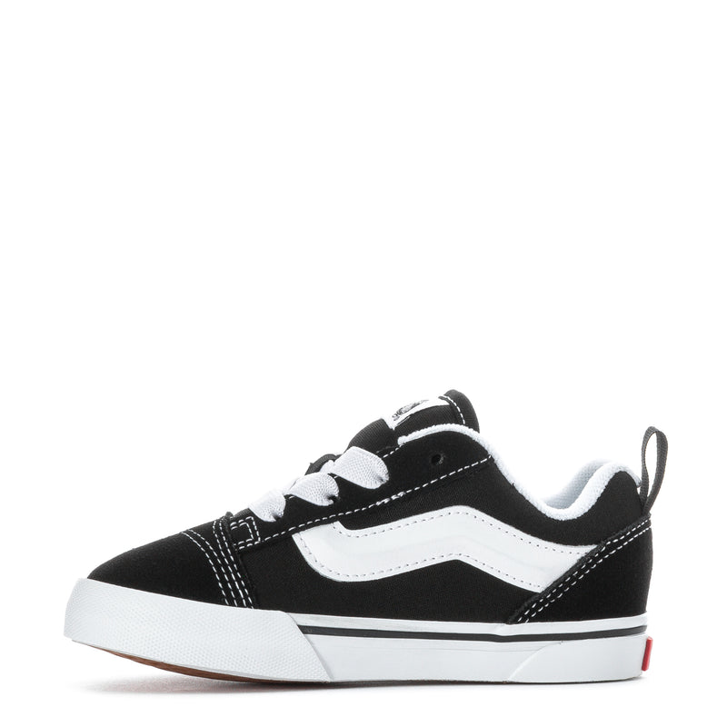 Toddler black and white lace-up sneakers with white side stripe and padded collar