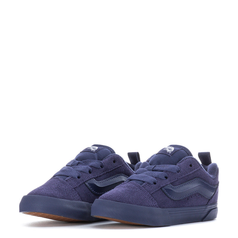 Pair of toddler dark navy suede sneakers with lace-up tops and side logo