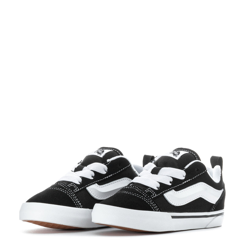 Toddler black and white sneakers, twin pair view with lace-up and white side stripe