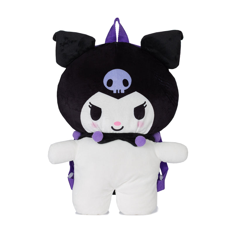Plush character backpack with black body, white face panel, purple accents and skull