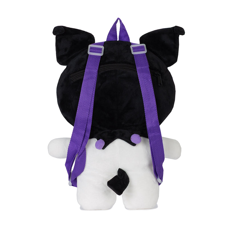 Plush character backpack with black plush, purple shoulder straps, and rear zip pocket