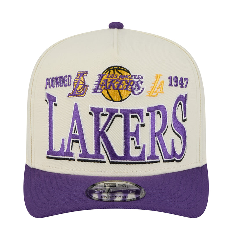 Cream and purple Lakers A-Frame logo baseball cap with curved brim