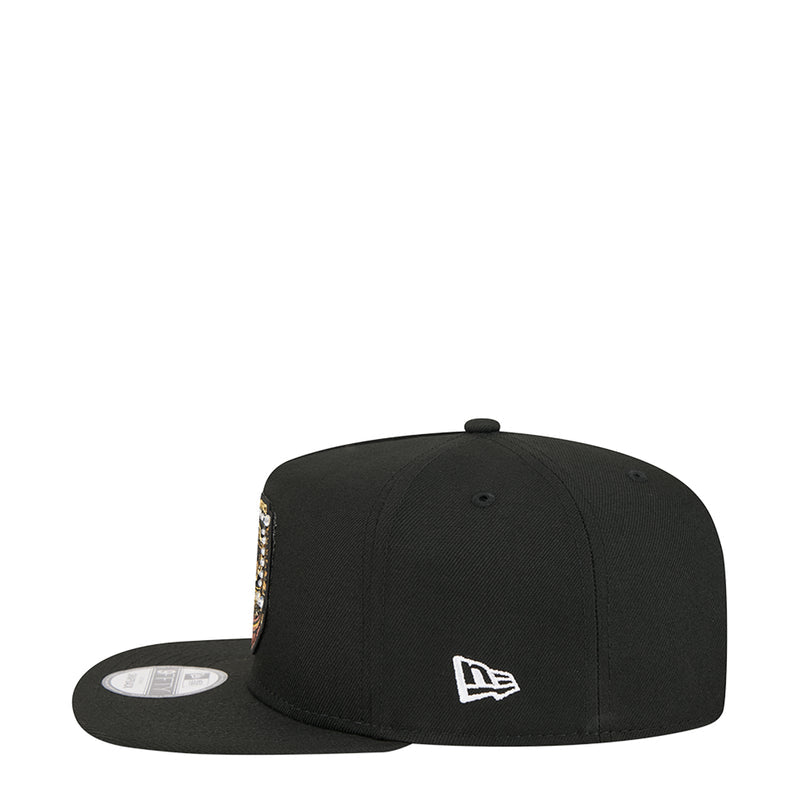 Black baseball cap with New Era logo on side and curved brim