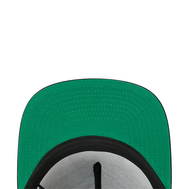 Green underbrim and black baseball cap brim with curved edge