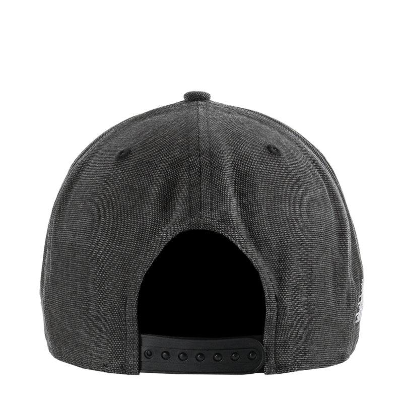 Washed black denim baseball cap back view with adjustable snap strap