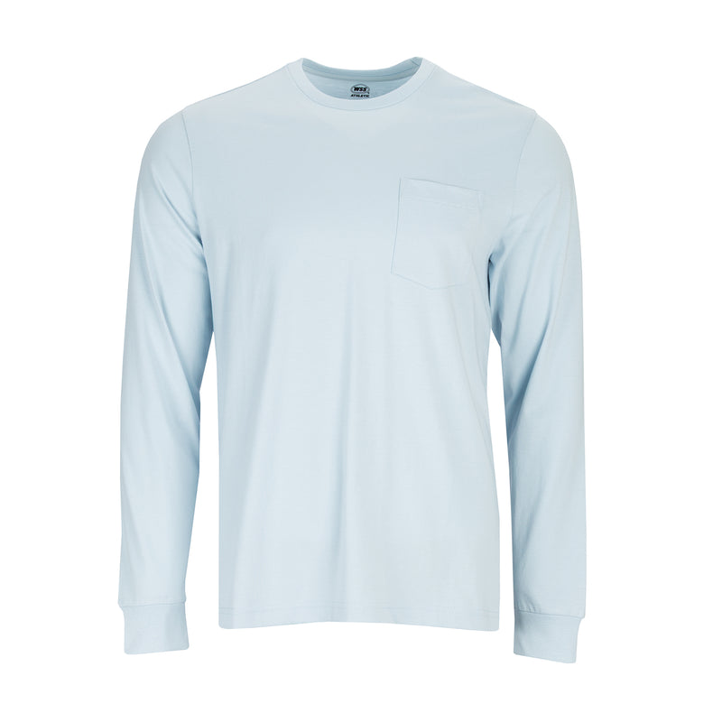 Men's sky blue long-sleeve work shirt with crew neck and chest pocket